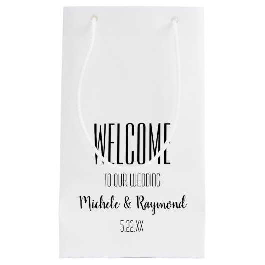 Welkom bij onze bruiloft White Gift Bags SMALL Klein Cadeauzakje (Voorkant)