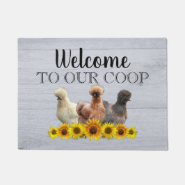 Welkom bij onze Coop Silkie Bantam Sunflower Wood Deurmat