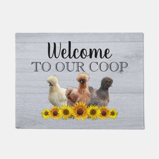 Welkom bij onze Coop Silkie Bantam Sunflower Wood Deurmat (Voorkant)