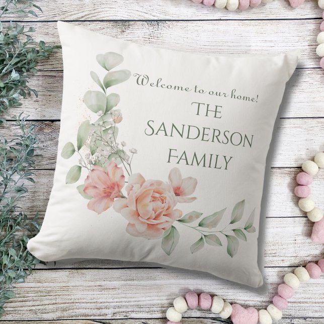 Welkom bij onze familienaam Floral Waterverf Buitenkussen (Welcome to Our Home Family Name Summer Porch Decor Outdoor Pillow)