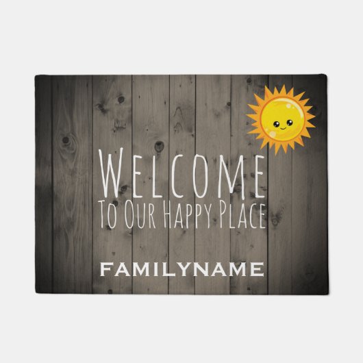 Welkom bij onze Happy Place Rustic Wood Familie Deurmat (Voorkant)