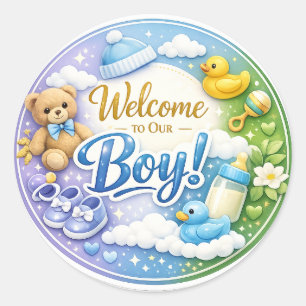 Welkom bij onze jongen – sticker voor babyshower