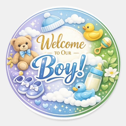 Welkom bij onze jongen – sticker voor babyshower (Voorkant)