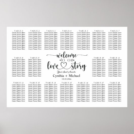 Welkom bij onze Love Story 18 Tafel Trouwstoel Poster (Voorkant)