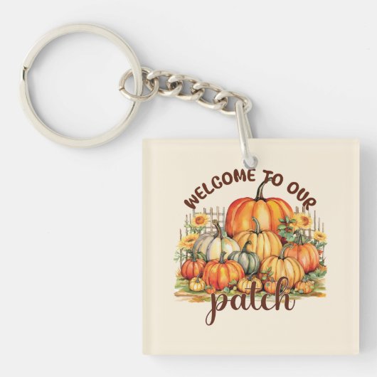 Welkom bij Onze Patch – Cosy Pumpkin Patch Sleutelhanger (Voorkant)