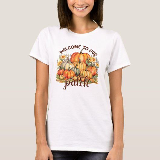 Welkom bij Onze Patch – Cosy Pumpkin Patch T-shirt (Voorkant)