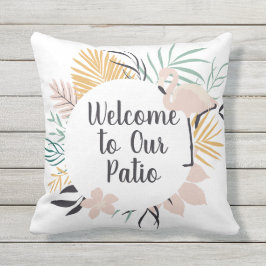 Welkom bij onze patio Pink Flamingo Buitenkussen