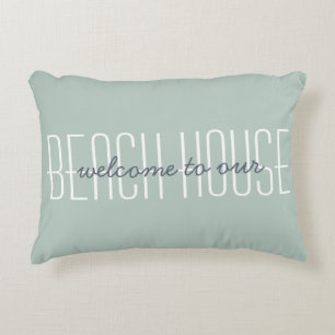 Welkom bij onze strandhuis quote groene decoratie accent kussen