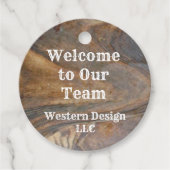 Welkom bij onze team Brown Woodgrain werknemer Bedankjes Labels (Voorkant)