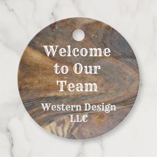 Welkom bij onze team Brown Woodgrain werknemer Bedankjes Labels (Voorkant)