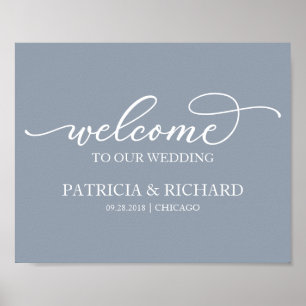 Welkom Bij Onze Trouw Chic Script Stof Blauw Bord Poster