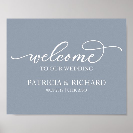 Welkom Bij Onze Trouw Chic Script Stof Blauw Bord Poster (Voorkant)