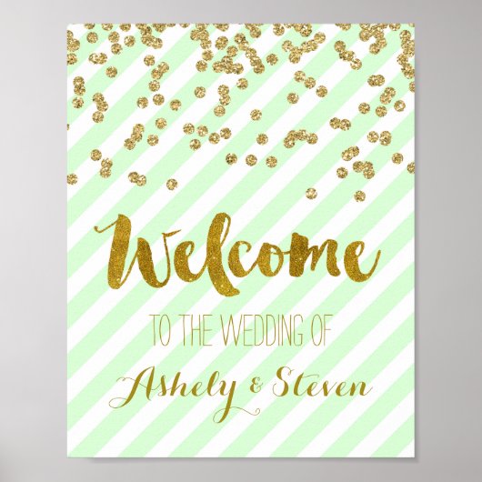 Welkom bij onze trouwbord Mint Gold Stripes Poster (Voorkant)