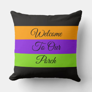Welkom bij onze veranda / tier / halloween kleuren kussen