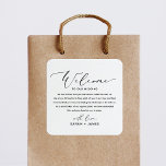 Welkom bij onze Wedding Welcome Bag Label Sticker<br><div class="desc">Elegant en modern welkom op ons trouwlabel voor bruiloft welkomsttas. Het ontwerp heeft een minimalistische tekstopmaak. Als u geavanceerde wijzigingen wilt aanbrengen,  selecteert u onder Deze sjabloon personaliseren de optie "Klik om verder aan te passen".</div>