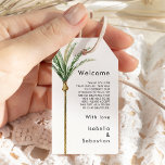 Welkom bij Palm Tree Destination Wedding Cadeaulabel<br><div class="desc">Deze palmboombestemming bruiloft welkomstgeschenk labels design beschikt over tropische waterverf palmbomen op een heldere witte achtergrond die de dromerige sfeer van een bestemmingsbruiloft oproepen. dit ontwerp straalt de romance uit van zandoevers en zwaaiende palmen, ideaal voor koppels die op zoek zijn naar een echt onvergetelijk feest. Voor gepersonaliseerde coördinatie of...</div>