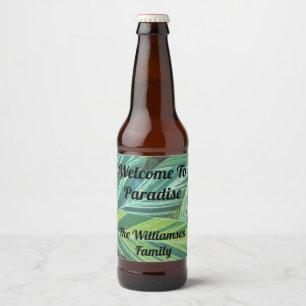 Welkom bij Paradise Green Striped Tropical Leaves Bier Etiket