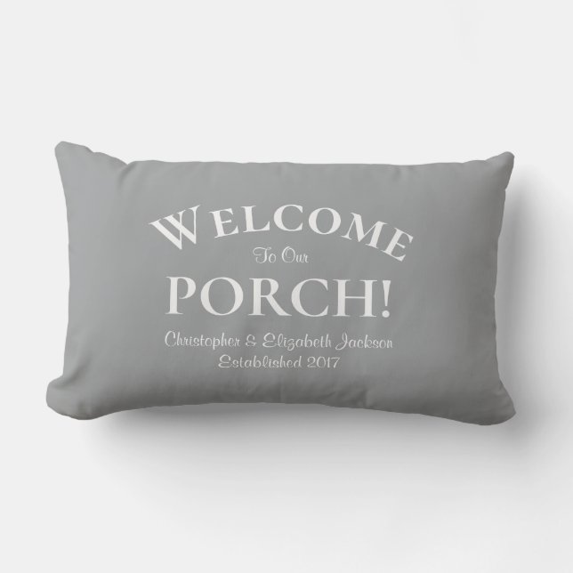 Welkom bij Porch Custom Family Names Trendy Grey Buitenkussen (Voorkant)