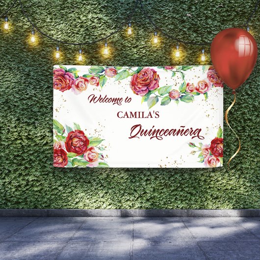 Welkom bij Quinceanera Red Rose Floral Garland Spandoek