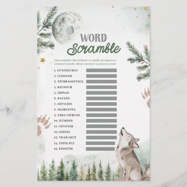 Welkom bij The Pack Forest Wolf Word Scramble Game (Voorkant)