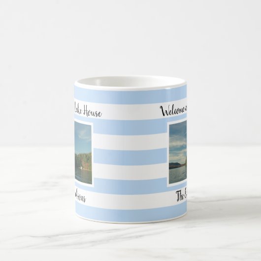 Welkom bij uw huis aan het meer familienaam foto koffiemok (Center)