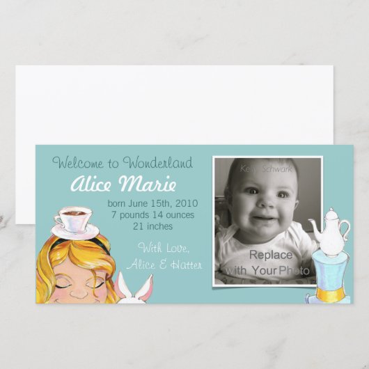 Welkom bij Wonderland Geboorteaankondiging Blauw Aankondiging (Voorkant / Achterkant)