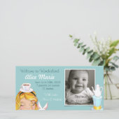 Welkom bij Wonderland Geboorteaankondiging Blauw Aankondiging (Staand voorkant)