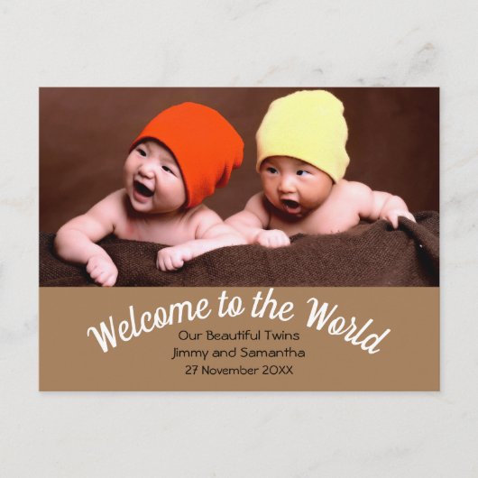 Welkom bij World Twin Birth Aankondiging Foto Briefkaart (Voorkant)