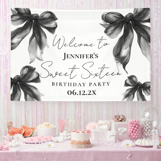 Welkom Black Bow Coquette Script Sweet 16 Spandoek (Feest)