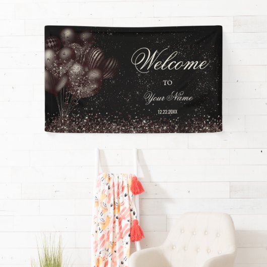 Welkom Black Glitter Balloons Sparkle Party Spandoek (Insitu)