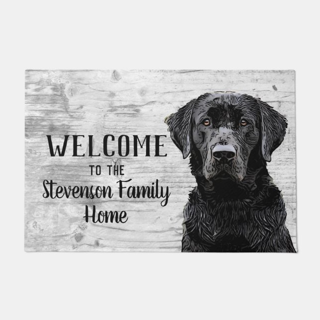 Welkom, Black Lab Dog Animal Familienaam Home Deurmat (Voorkant)