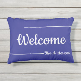 Welkom Blauw en Wit Script Naam Tekst Sjabloon Buitenkussen