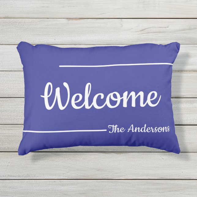 Welkom Blauw en Wit Script Naam Tekst Sjabloon Buitenkussen (Voorkant)