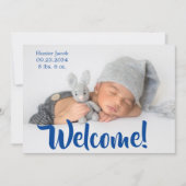 Welkom blauw fotoscript Personaliseer jongen geboo Aankondiging (Voorkant)