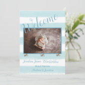 Welkom blauw fotoscript Personaliseer jongen geboo Aankondiging (Staand voorkant)