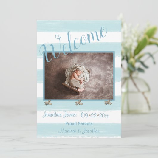 Welkom blauw fotoscript Personaliseer jongen geboo Aankondiging (Staand voorkant)