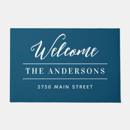 Welkom Blauw & Wit Gepersonaliseerde Familie titel Deurmat (Voorkant)