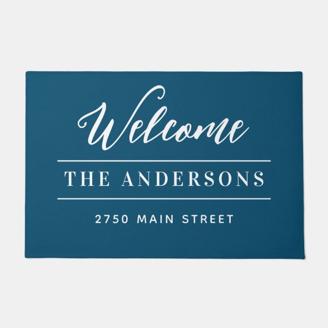 Welkom Blauw & Wit Gepersonaliseerde Familie titel Deurmat (Voorkant)