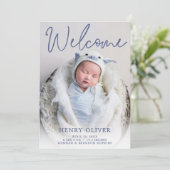 Welkom Blauwe Foto Geboorteaankondiging Kaart (Staand voorkant)