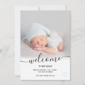 Welkom blauwe script foto jongen baby geboorte aankondiging (Voorkant)