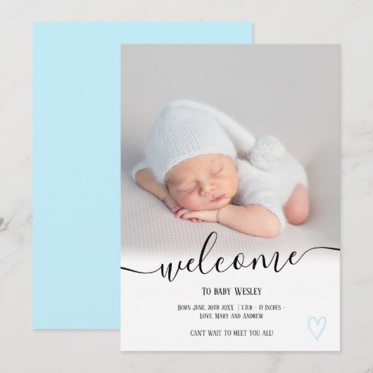 Welkom blauwe script foto jongen baby geboorte aankondiging (Voorkant / Achterkant)