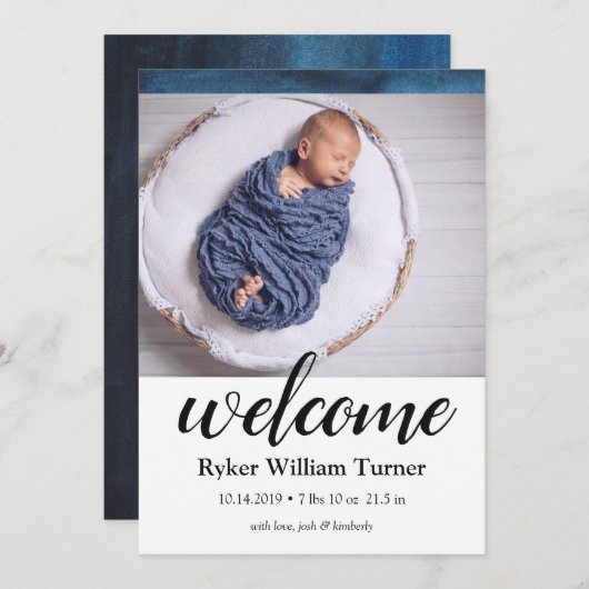 Welkom Blauwe Waterverf Geboorte Aankondiging (Voorkant / Achterkant)