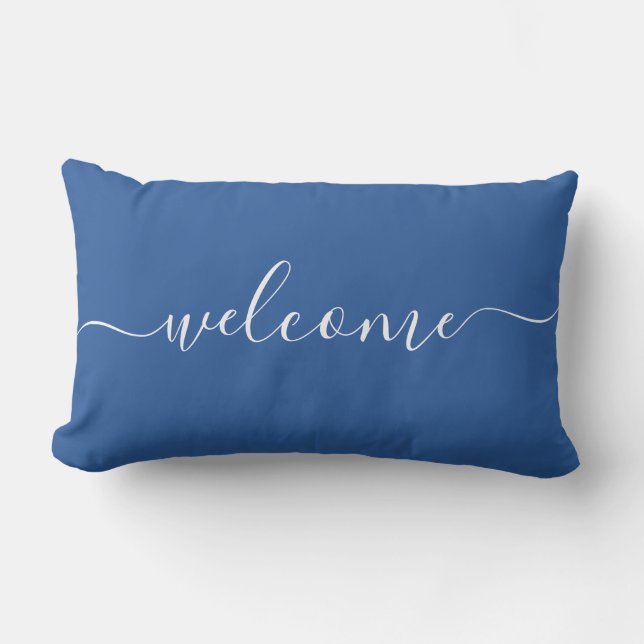 Welkom Blauwe & Witte Lettertypografie Calligrafie Kussen (Voorkant)