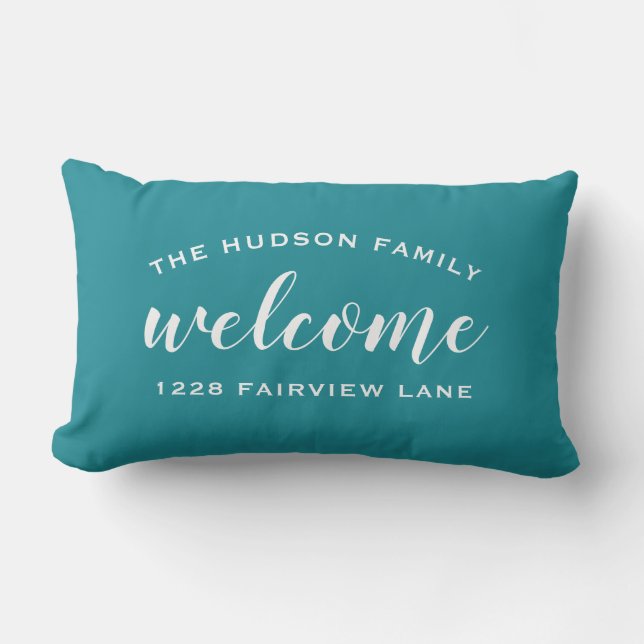 Welkom, Blauwgroen blauw, persoonlijk familienaam Buitenkussen (Voorkant)
