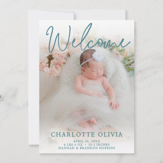 Welkom Blauwgroen geboorteaankondiging Kaart (Voorkant)