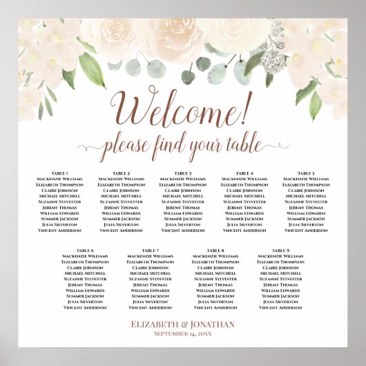 Welkom! Blush Peach Rozen 9 Table Seating Chart Poster (Voorkant)