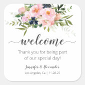 Welkom Blush Roze en Blauw Bloemen Vierkante Stick Vierkante Sticker (Voorkant)