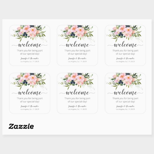 Welkom Blush Roze en Blauw Bloemen Vierkante Stick Vierkante Sticker (Vel)