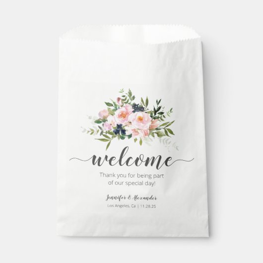 Welkom Blush roze en blauwe bloemen Bedankzakje (Voorkant)