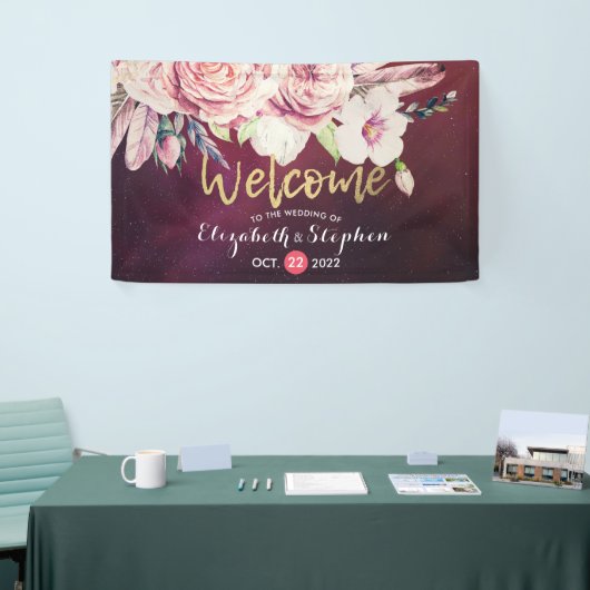 Welkom Boho Floral Feathers Burgundy Red Spandoek (Beurs)